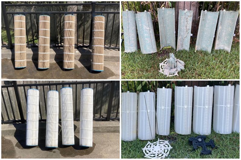 Four photos of pool cartridge filters: dirty on top, clean and white below