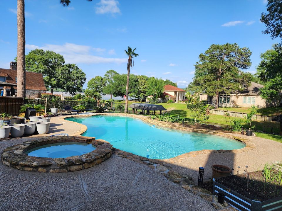 Freeform backyard swimming pool with a raised stone spa, palm and shade trees under a blue sky